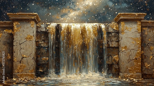 Wallpaper Mural Majestic waterfall cascading over golden stones fantasy landscape digital art night sky serene atmosphere Torontodigital.ca