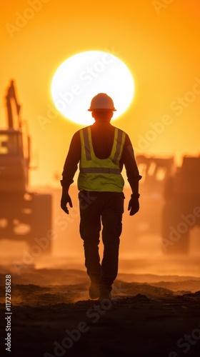 Worker Walking Towards Sunset with Heavy Machinery in Background