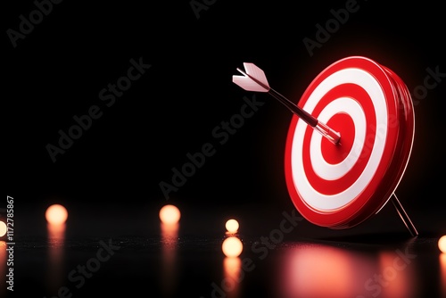 A vibrant dartboard with an arrow sticking out, set against a dark background, symbolizing precision and goal achievement. photo