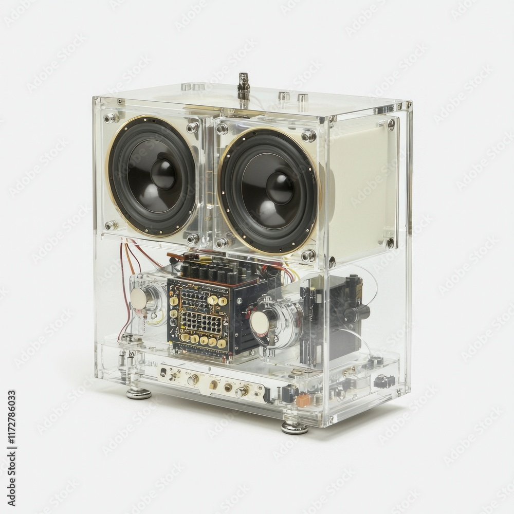Fototapeta premium Transparent speaker featuring dual subwoofers and complex circuitry