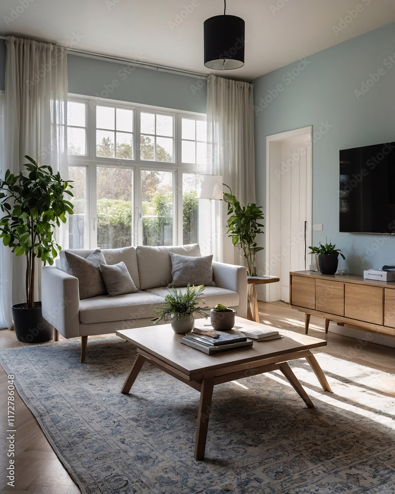 Fototapeta premium Traditional home interior with neutral tones a large sofa and a rug under the furniture for a cozy and elegant living space