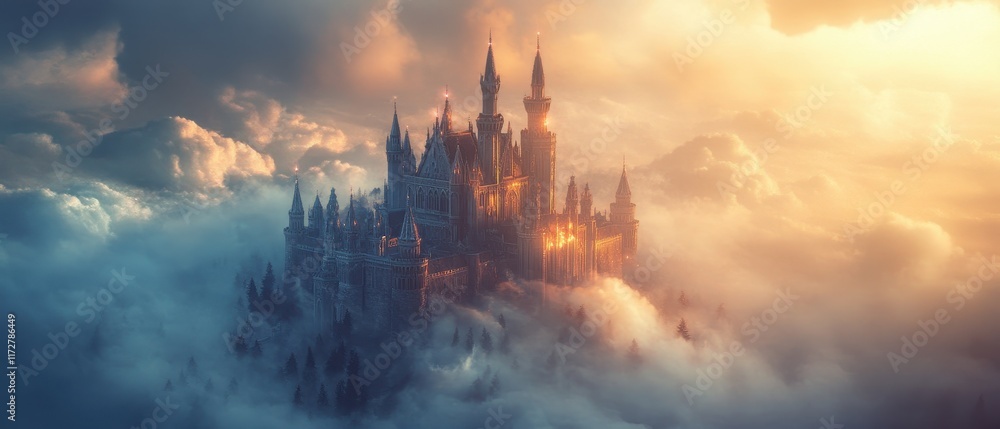 Fototapeta premium Majestic castle rising above clouds at sunset, showcasing intricate architecture and dramatic lighting effects