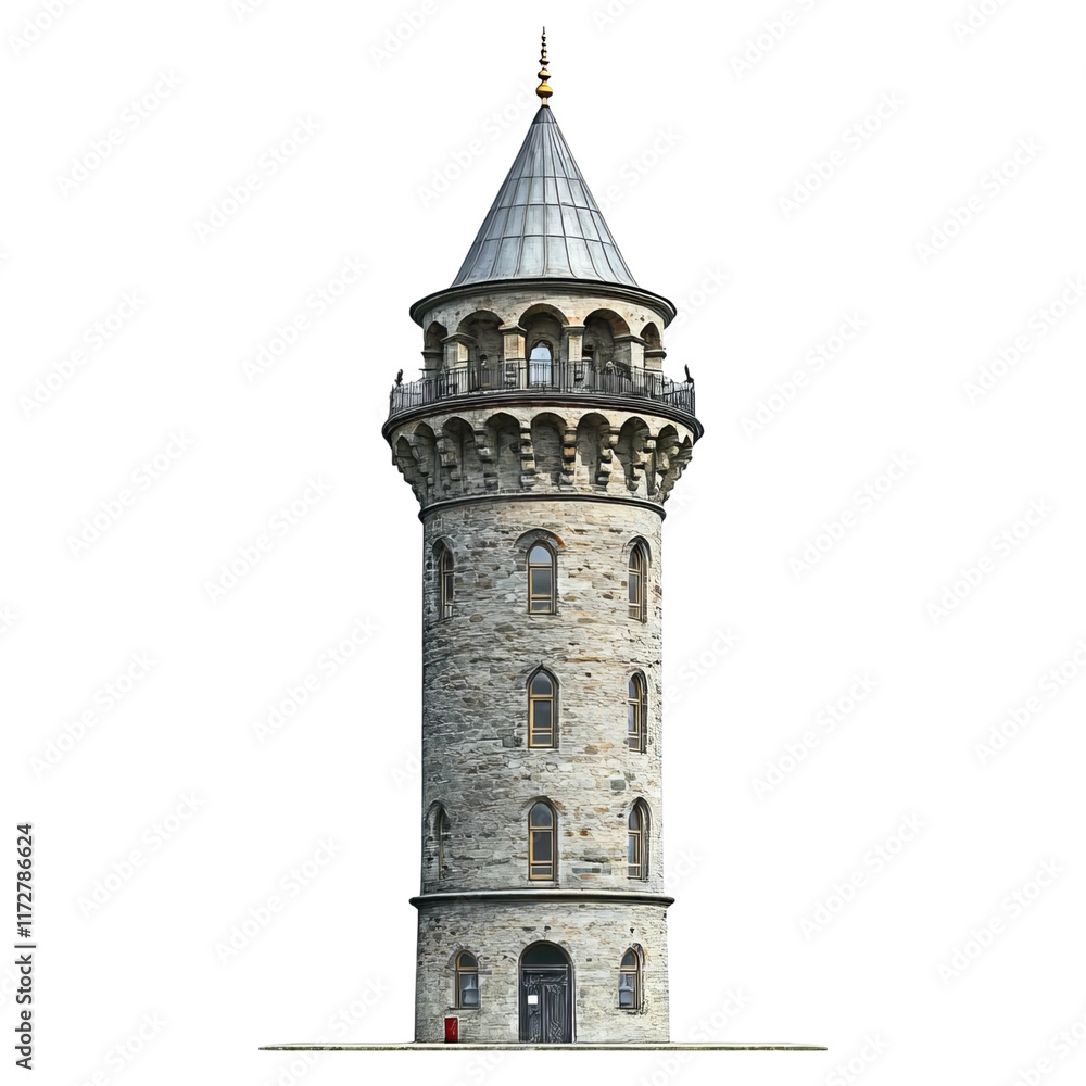 Obraz premium Ottoman Tower: A tall, elegant Ottoman tower with intricate details and a pointed roof stands against a clear sky.