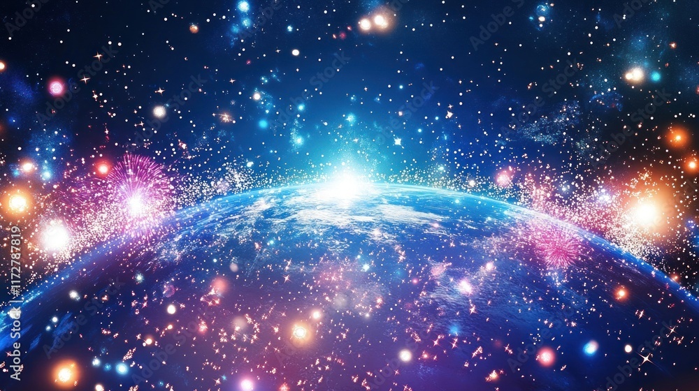 Earthrise, vibrant cosmic view with glowing stars and nebulae. Earthrise, vibrant cosmic view with glowing stars and nebulae.
