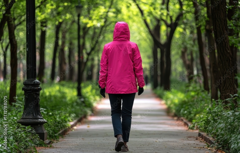 Person Walking on Tree-Lined Path in Bright Pink Raincoat Person Walking on Tree-Lined Path in Bright Pink Raincoat