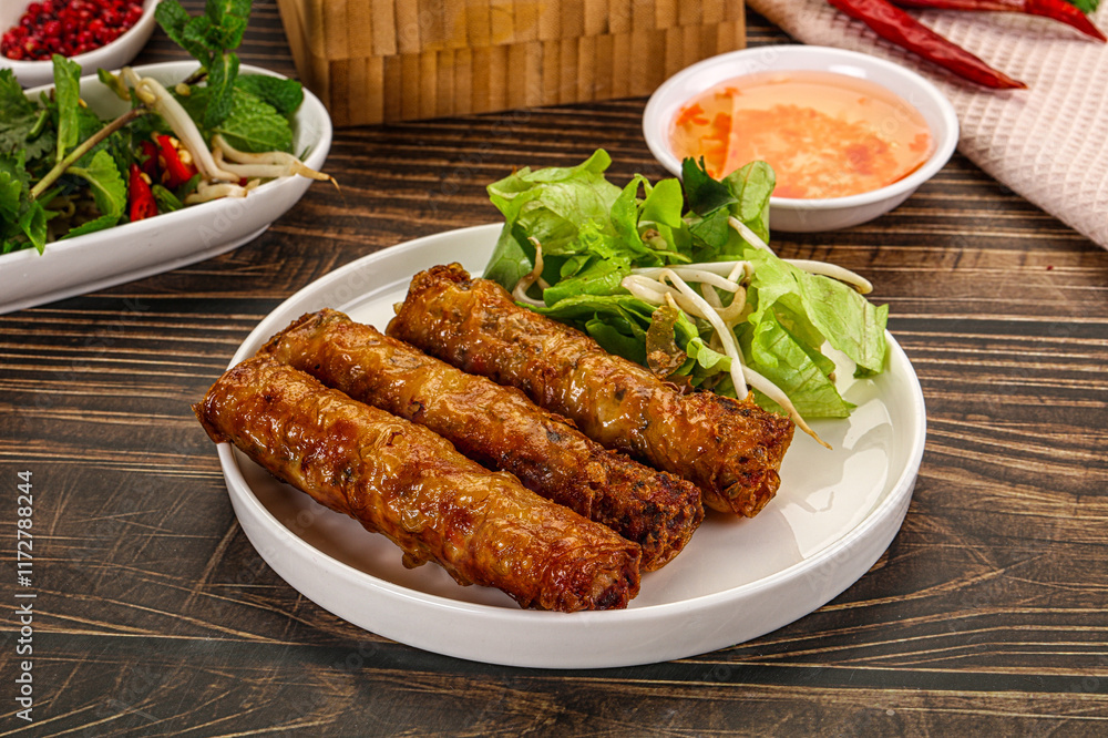 Fried Vietnamese spring roll with special sauce Fried Vietnamese spring roll with special sauce