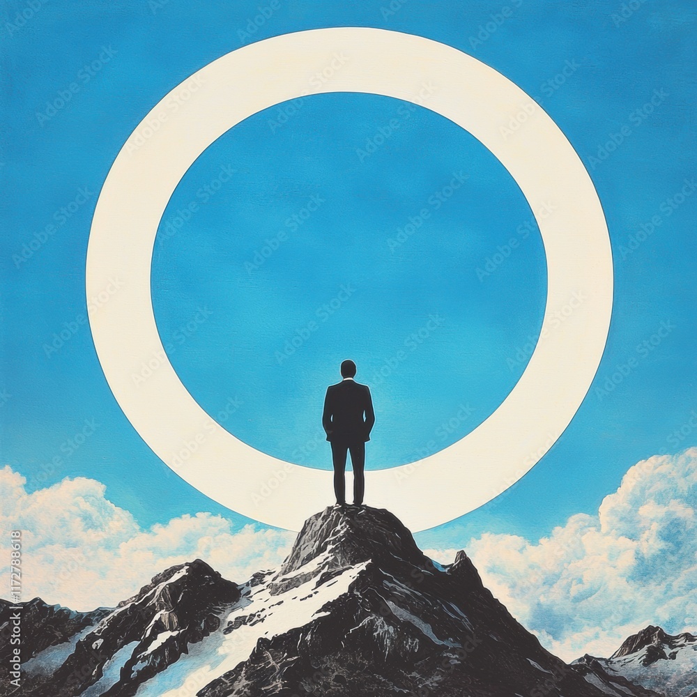 Businessman Standing on Mountain Under Circular Blue Sky Businessman Standing on Mountain Under Circular Blue Sky