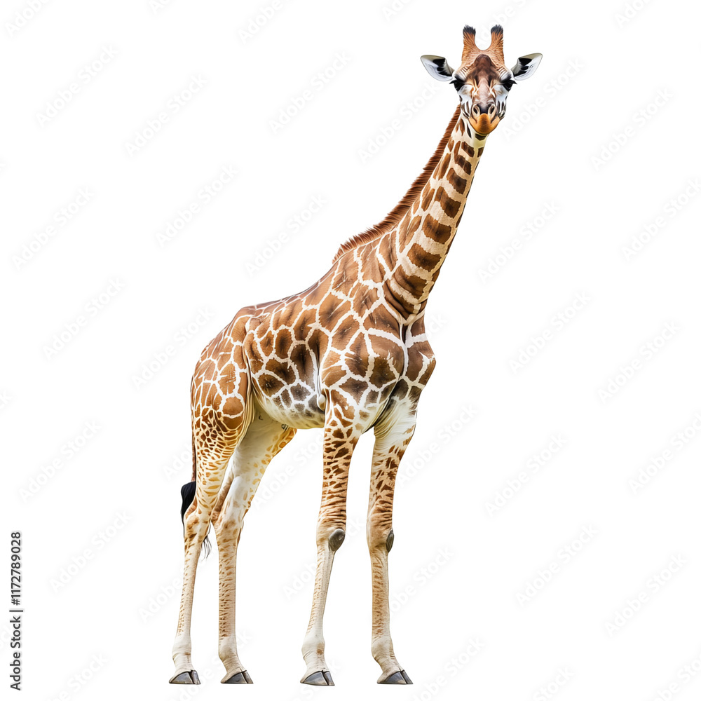 Obraz premium Graceful Giraffe Portrait: A majestic giraffe, standing tall against a clean backdrop, its unique coat pattern and towering height command attention. An elegant symbol of the African savanna.