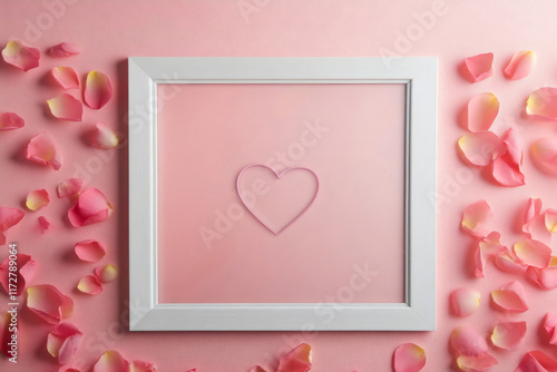 White frame containing a pink heart shape is displayed on a pink background, adorned with scattered rose petals, creating a romantic and delicate scene