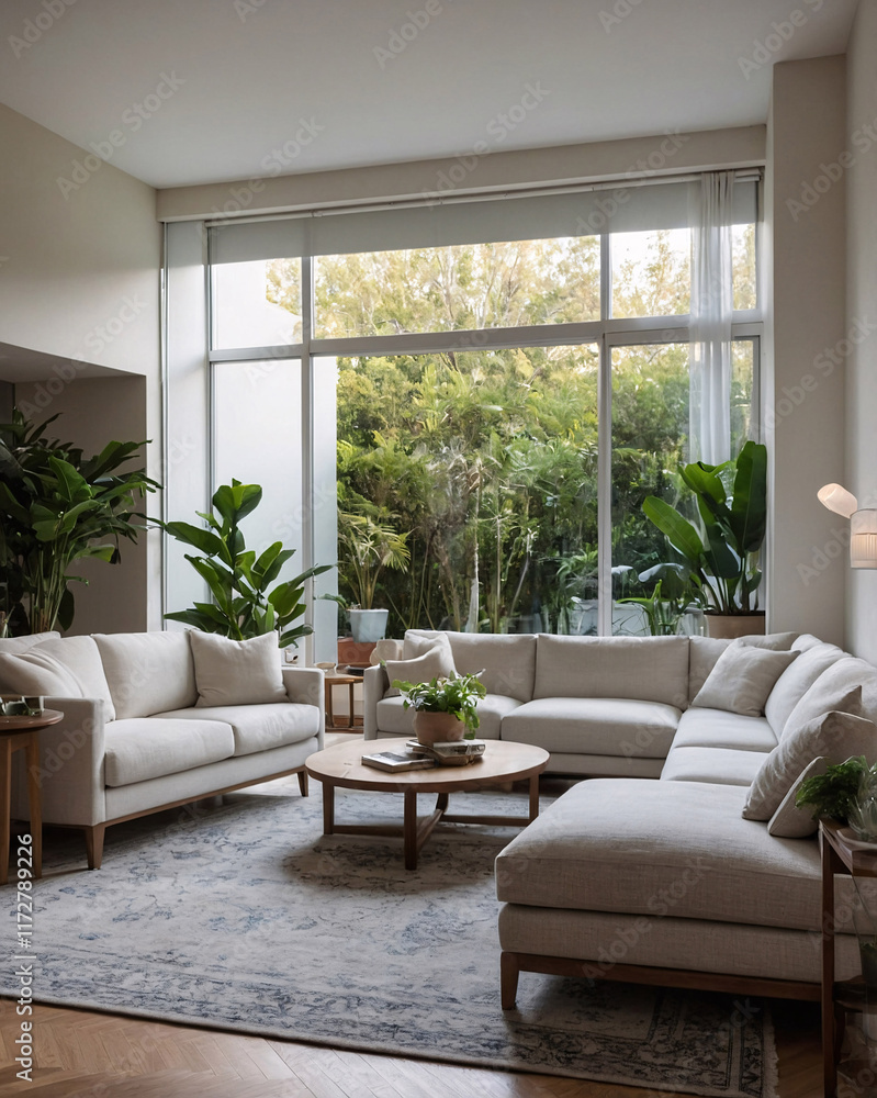 Fototapeta premium Classic and inviting traditional living room with neutral sofa expansive windows and a stylish rug under the furniture