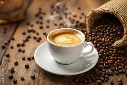 Steaming coffee cup with latte art on a white saucer surrounded by scattered coffee beans and burlap sack on a rustic wooden table. Concept of coffee. Ai generative