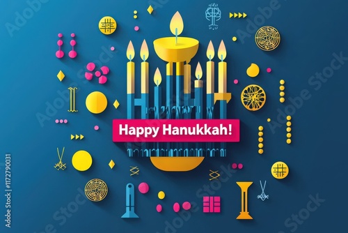 Bright candles are arranged in an artistic display celebrating Hanukkah. Colorful symbols of the holiday surround the menorah, emphasizing joy and togetherness during this festive occasion. photo