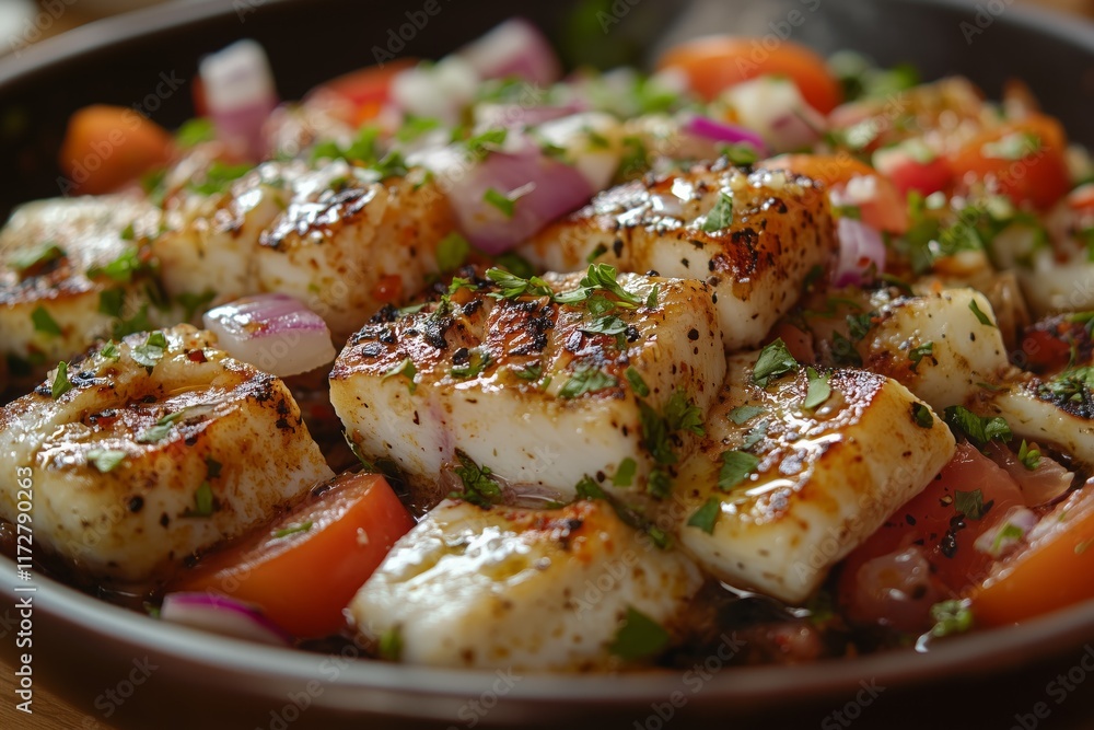 Grilled fish with tomatoes, onions and parsley in a pan Grilled fish with tomatoes, onions and parsley in a pan