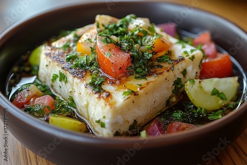 Delicious Greek Saganaki: Fried Kefalotyri Cheese with Tomatoes, Herbs, and Olive Oil photo