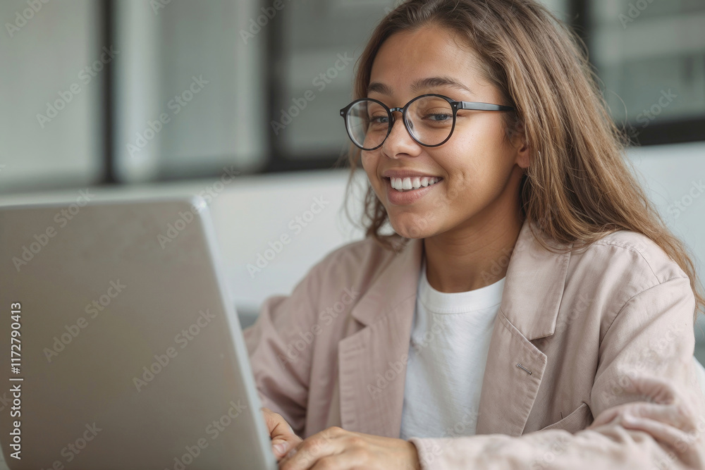 Clouse up young woman wearing glasses is sitting at a desk and typing on a laptop, she is smiling and she is enjoying herself Clouse up young woman wearing glasses is sitting at a desk and typing on a laptop, she is smiling and she is enjoying herself