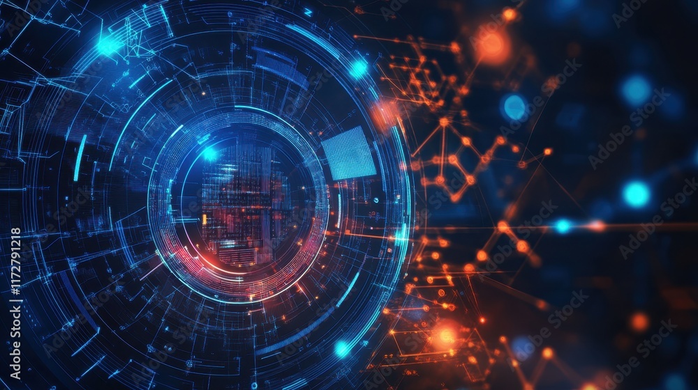 Visual representation of abstract technology with glowing elements and dynamic shapes in blue and orange hues Visual representation of abstract technology with glowing elements and dynamic shapes in blue and orange hues