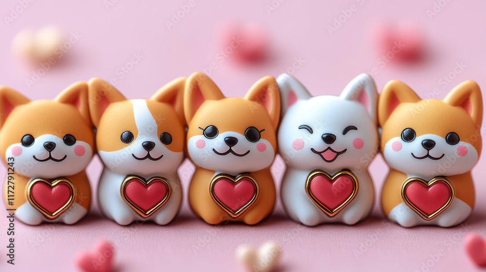 Obraz premium Cute Dogs with Red Hearts on a Pink Background. Valentine's day card. Love and Romantic concept