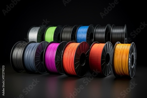 Many colorful plastic filaments for 3d printing arranged on a black background, ready for use photo