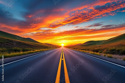 Sunlit highway stretching into the horizon, vibrant sky with orange and red hues, green hills flanking the road, nature and journey concept. Ai generative