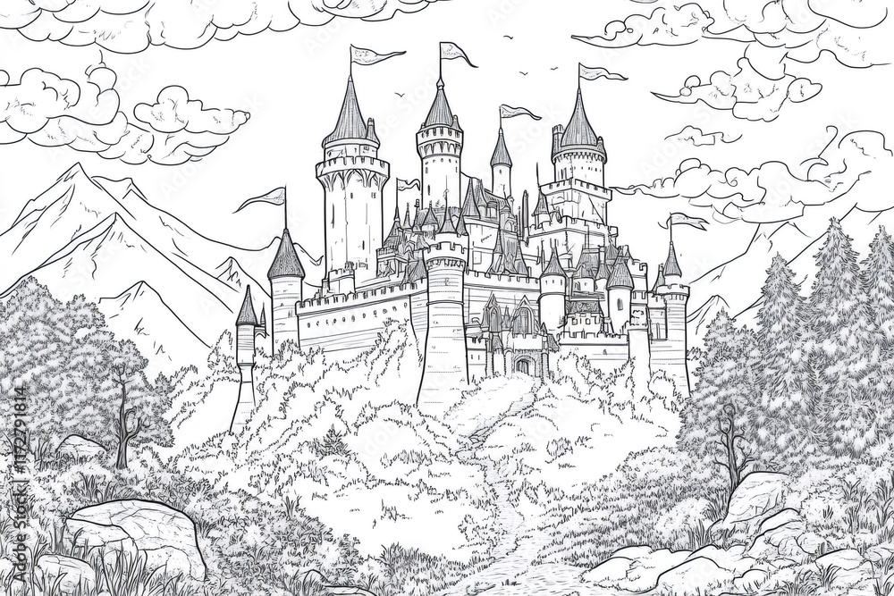 Intricate coloring page featuring a majestic medieval castle perched atop a hill, surrounded by lush vegetation and a picturesque mountain backdrop Intricate coloring page featuring a majestic medieval castle perched atop a hill, surrounded by lush vegetation and a picturesque mountain backdrop