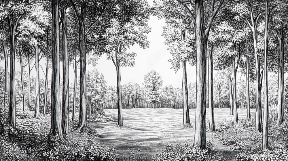 Fototapeta Monochrome Forest Scene Depicting Tall Trees and a Clearing