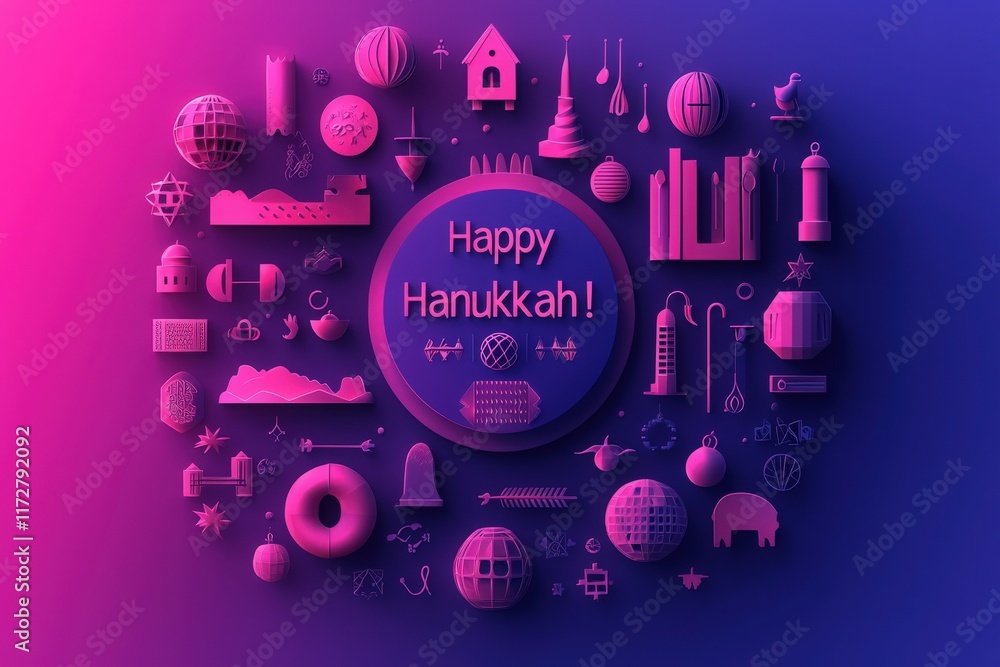 Fototapeta premium Colorful decorations showcasing various symbols of Hanukkah such as menorahs, dreidels, and stars fill the composition.