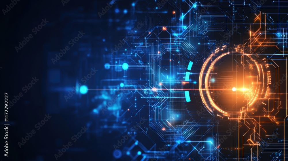 Fototapeta premium Abstract illustration of technological circuits with blue and orange lights representing digital innovation in a futuristic setting