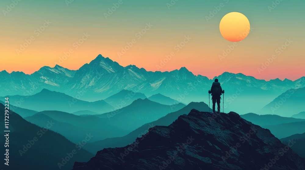 Majestic Mountain Landscape with Hiker and Vibrant Sunset Sky Majestic Mountain Landscape with Hiker and Vibrant Sunset Sky