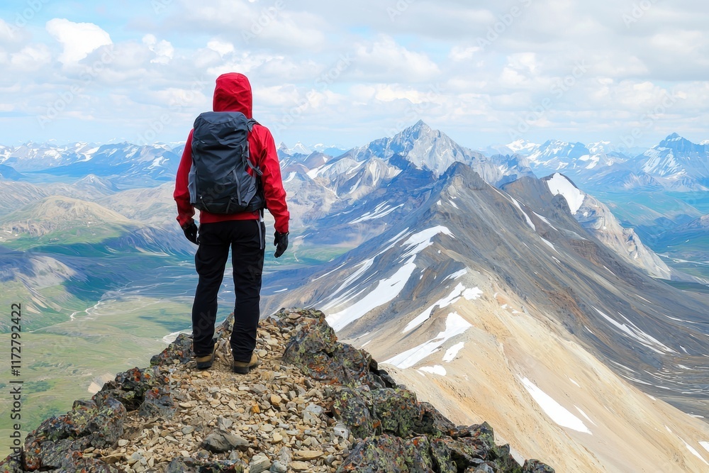 Obraz premium Hiker in Red Jacket on Mountain Peak Surrounded by Vast Landscape