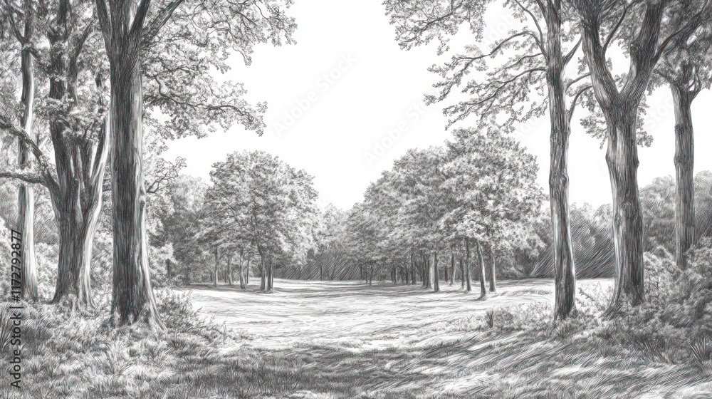 A Penciled Drawing Of A Tranquil Forest Glade A Penciled Drawing Of A Tranquil Forest Glade