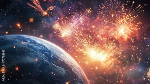 Earth surrounded by spectacular fireworks in space.