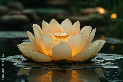 Glowing lotus flower lamp on pond at night, rocks background, serene mood photo