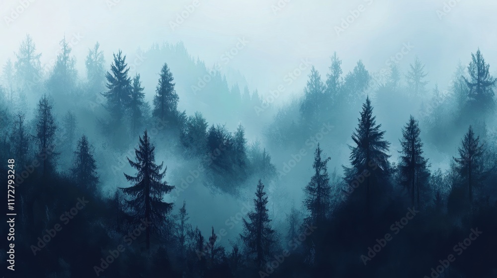 Enchanted forest shrouded in mist at dawn reveals a tranquil and mysterious atmosphere of nature Enchanted forest shrouded in mist at dawn reveals a tranquil and mysterious atmosphere of nature