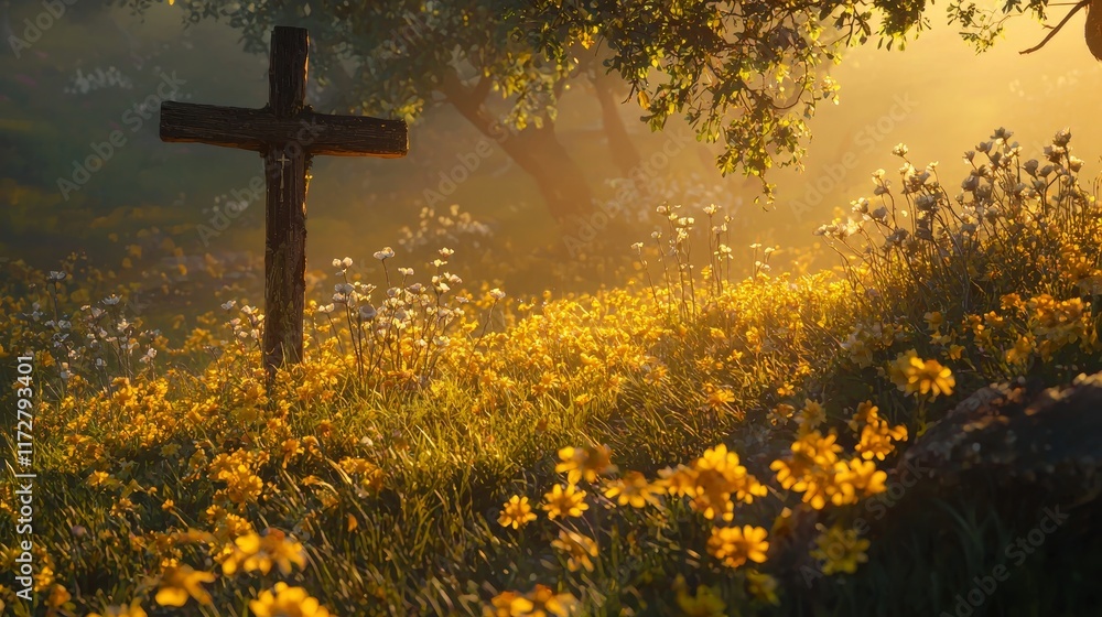 Wooden Cross in a Sunlit Meadow at Dawn with Dewdrops Sparkling Wooden Cross in a Sunlit Meadow at Dawn with Dewdrops Sparkling