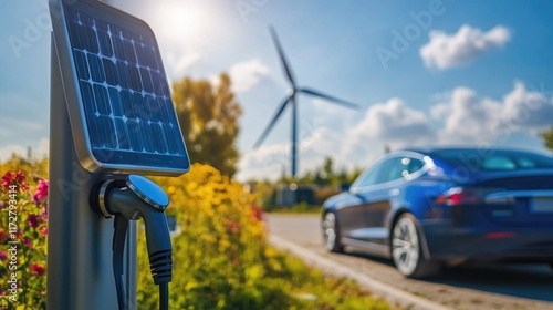 EV charging station for electric car in concept of green sustainable energy produced from renewable resources to supply to charger station in order to reduce CO2 emission . High quality photo