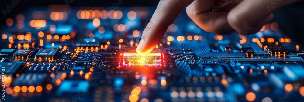 Finger Activating Futuristic Microchip on Illuminated Circuit Board, Advanced Technology Concept Finger Activating Futuristic Microchip on Illuminated Circuit Board, Advanced Technology Concept