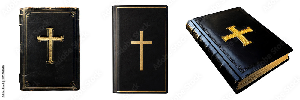 Set of a black leather-bound Bible with a golden cross, isolated on a transparent background. Set of a black leather-bound Bible with a golden cross, isolated on a transparent background.