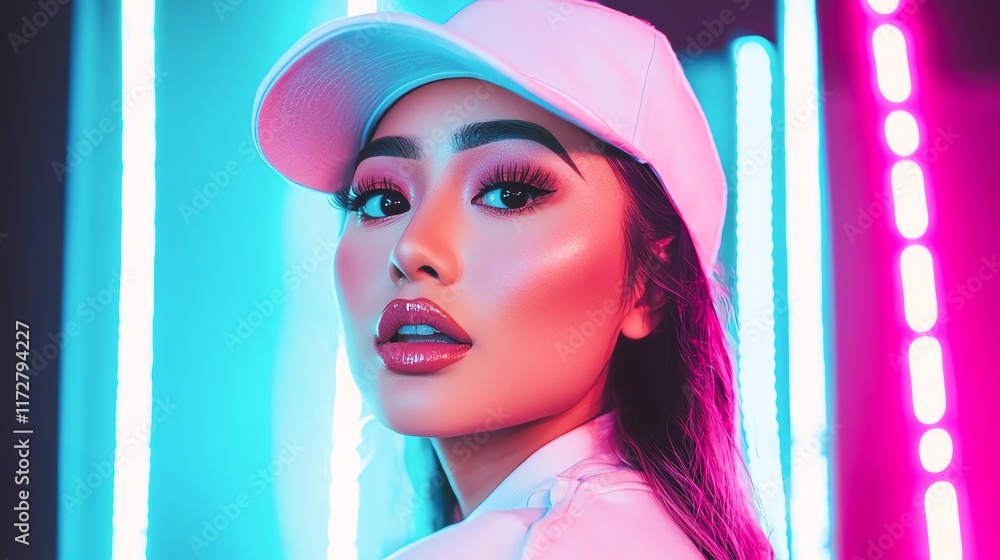Fototapeta premium A stylish woman poses confidently against vibrant neon lights, showcasing urban fashion.