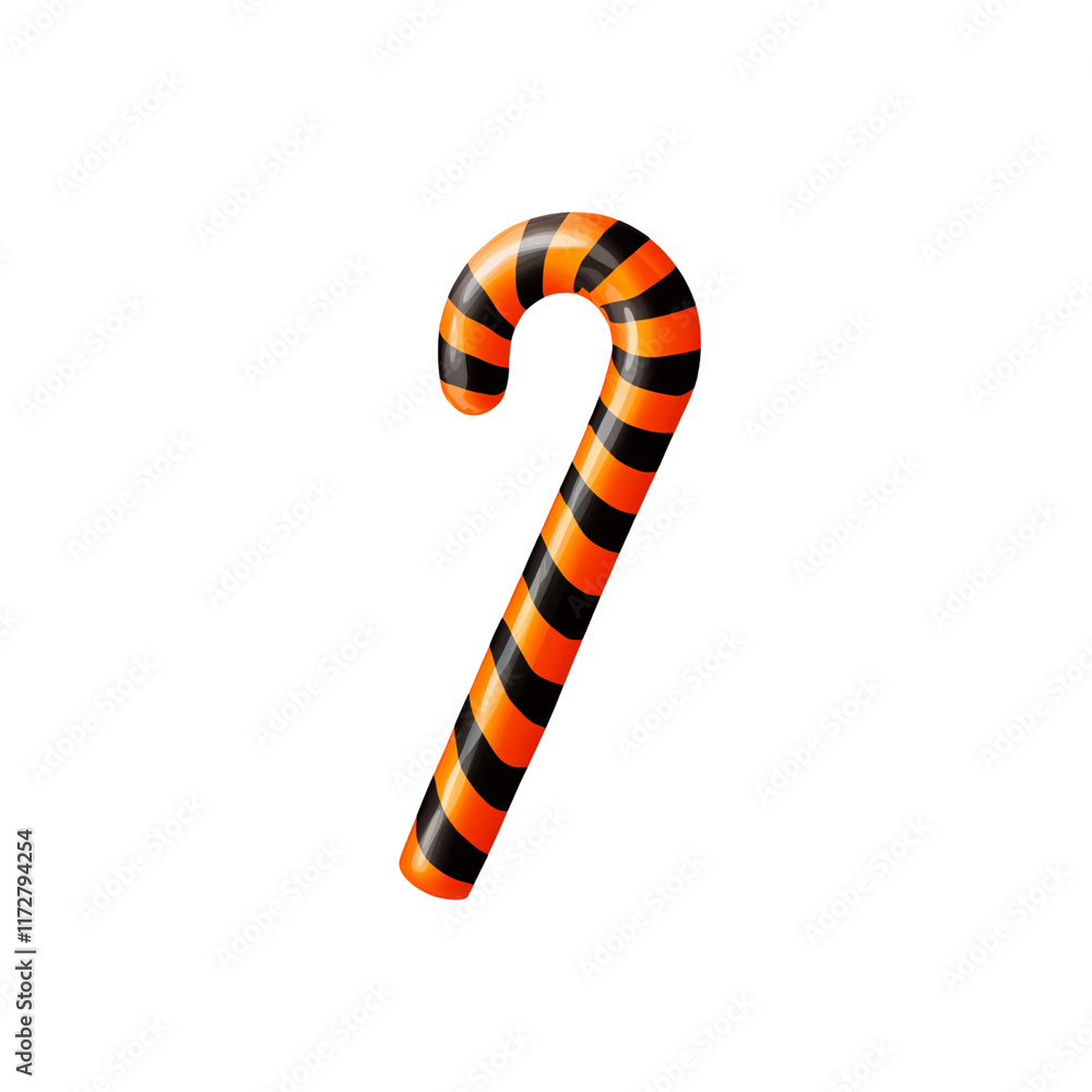 Naklejka premium A Halloween themed candy cane with bold orange and black stripes. Perfect for adding a spooky twist to holiday treats. Isolated on transparent background, png.