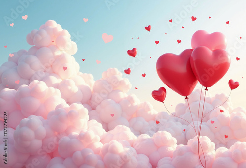 Valentine day card with heart-shaped balloons in the sky. 