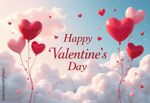 Valentine day card with heart-shaped balloons in the sky. 