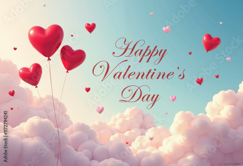 Valentine day card with heart-shaped balloons in the sky. 