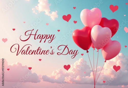 Valentine day card with heart-shaped balloons in the sky. 
