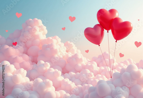 Valentine day card with heart-shaped balloons in the sky. 