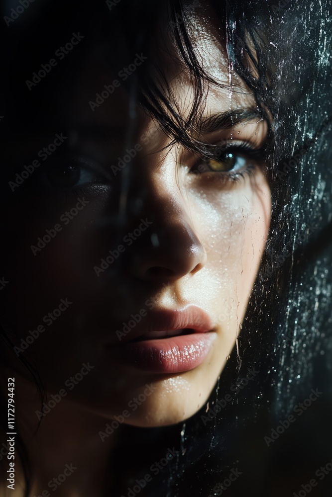 Model posing behind rainy glass in studio photo shoot Model posing behind rainy glass in studio photo shoot