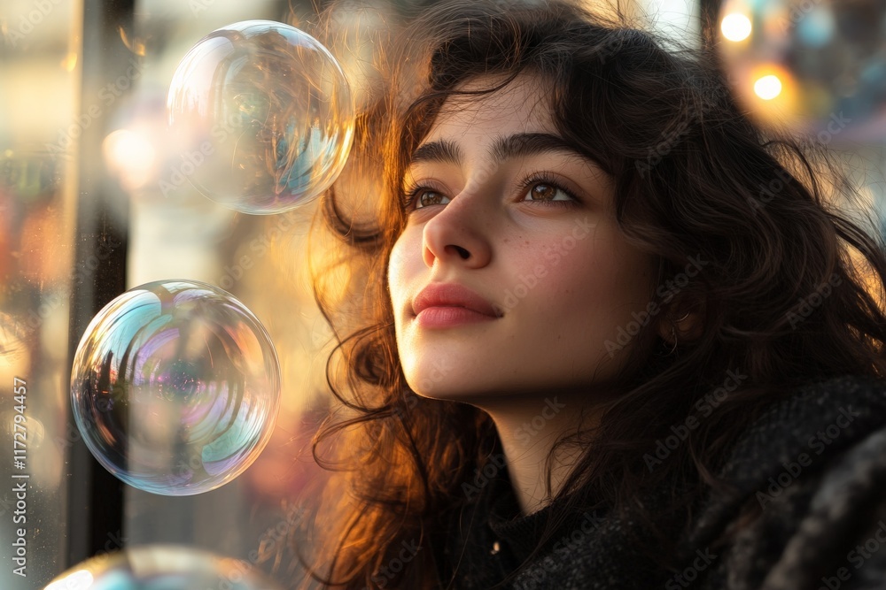 Young woman gazes thoughtfully at colorful soap bubbles in a sunlit indoor setting during the afternoon Young woman gazes thoughtfully at colorful soap bubbles in a sunlit indoor setting during the afternoon