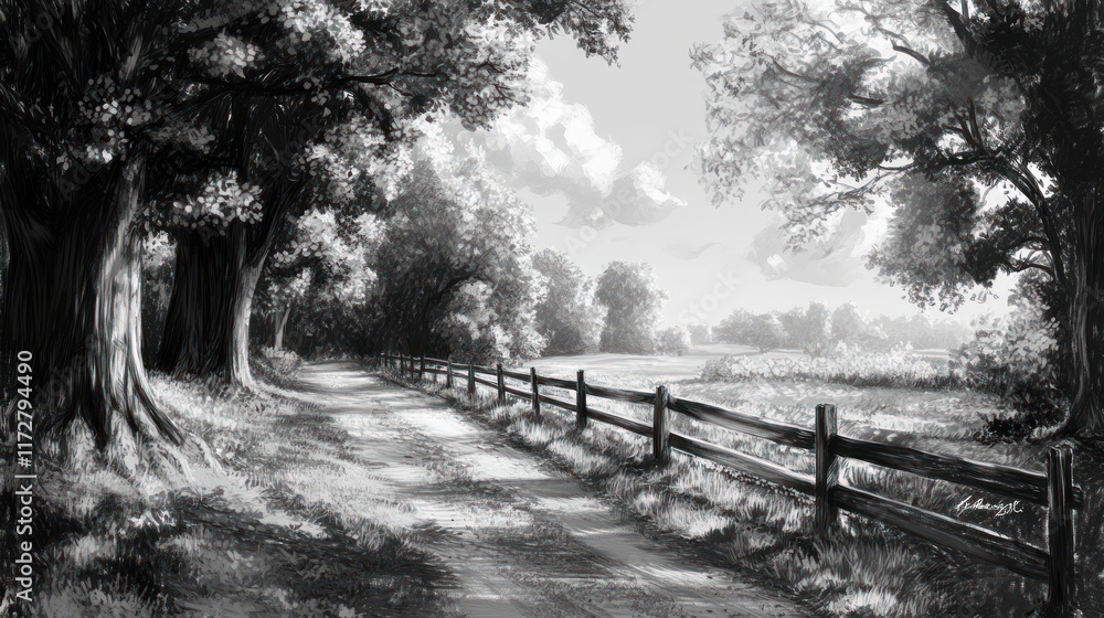 Monochrome Countryside Path Beside Wooden Fence Monochrome Countryside Path Beside Wooden Fence