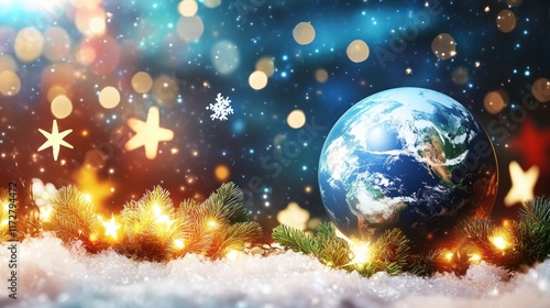 Festive Earth in Snowy Landscape with Christmas Lights.