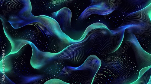 Flowing Abstract Background in Blue and Green Light Waves