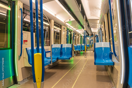 Montreal, Quebec, Canada - August 20 2021 : Inside the Montreal metro empty subway car. photo